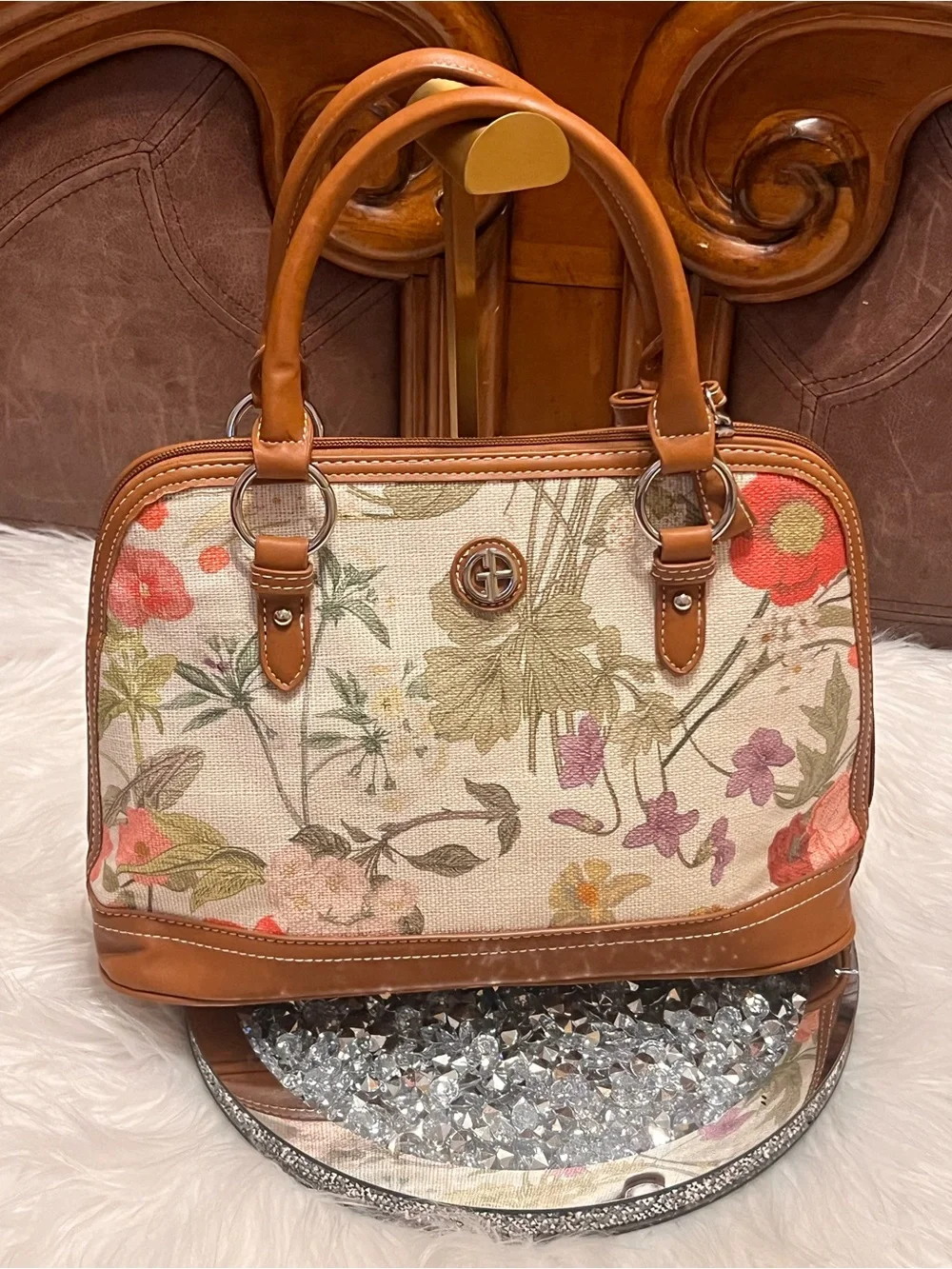 Gianni Bini Floral Canvas Satchel in Cream a handbag